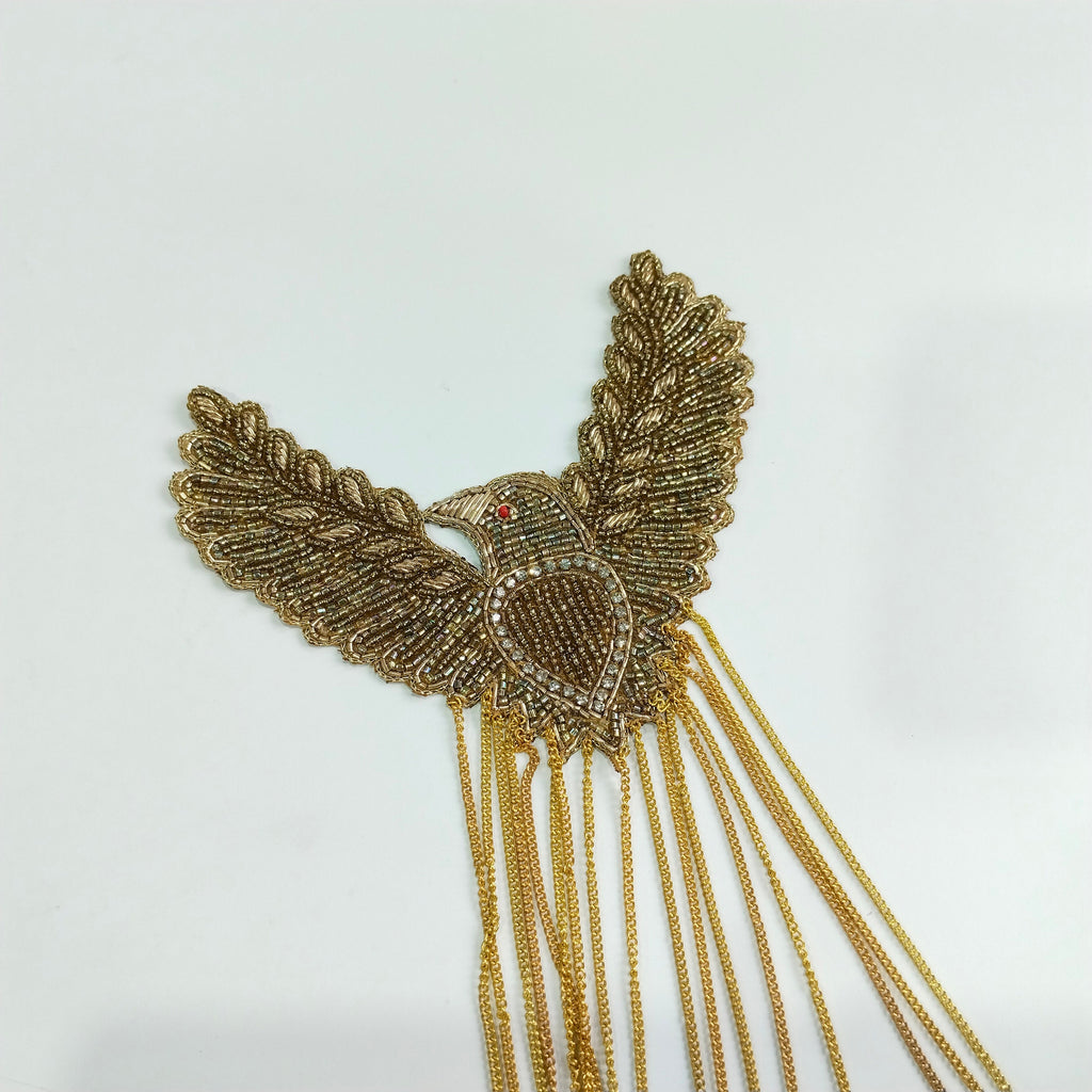Gold Eagle Applique Patch: Indian Embroidered Sew-On with Suspended Chains
