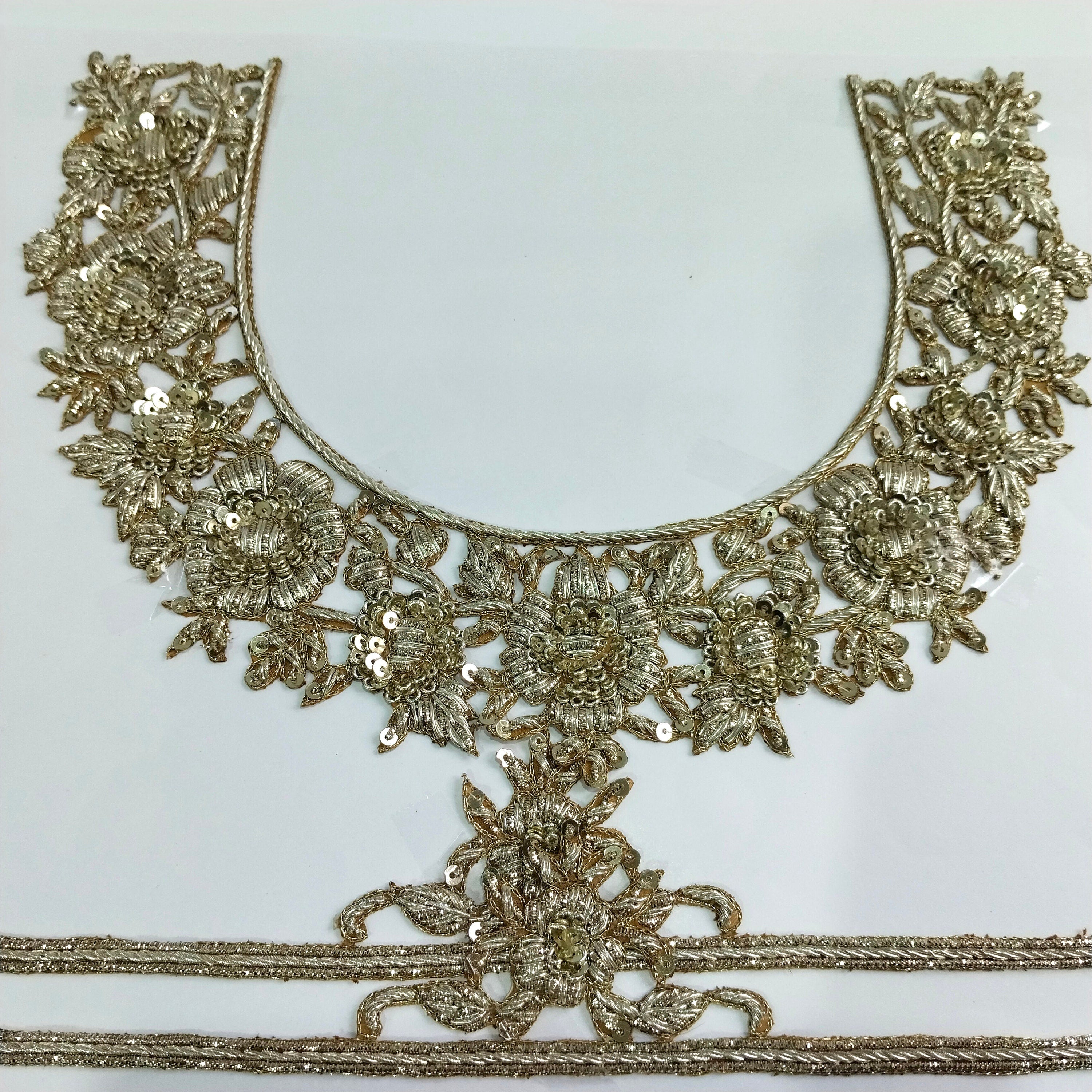 Golden Embroidered Neckline Applique: Handcrafted Indian Brass Floral Patch