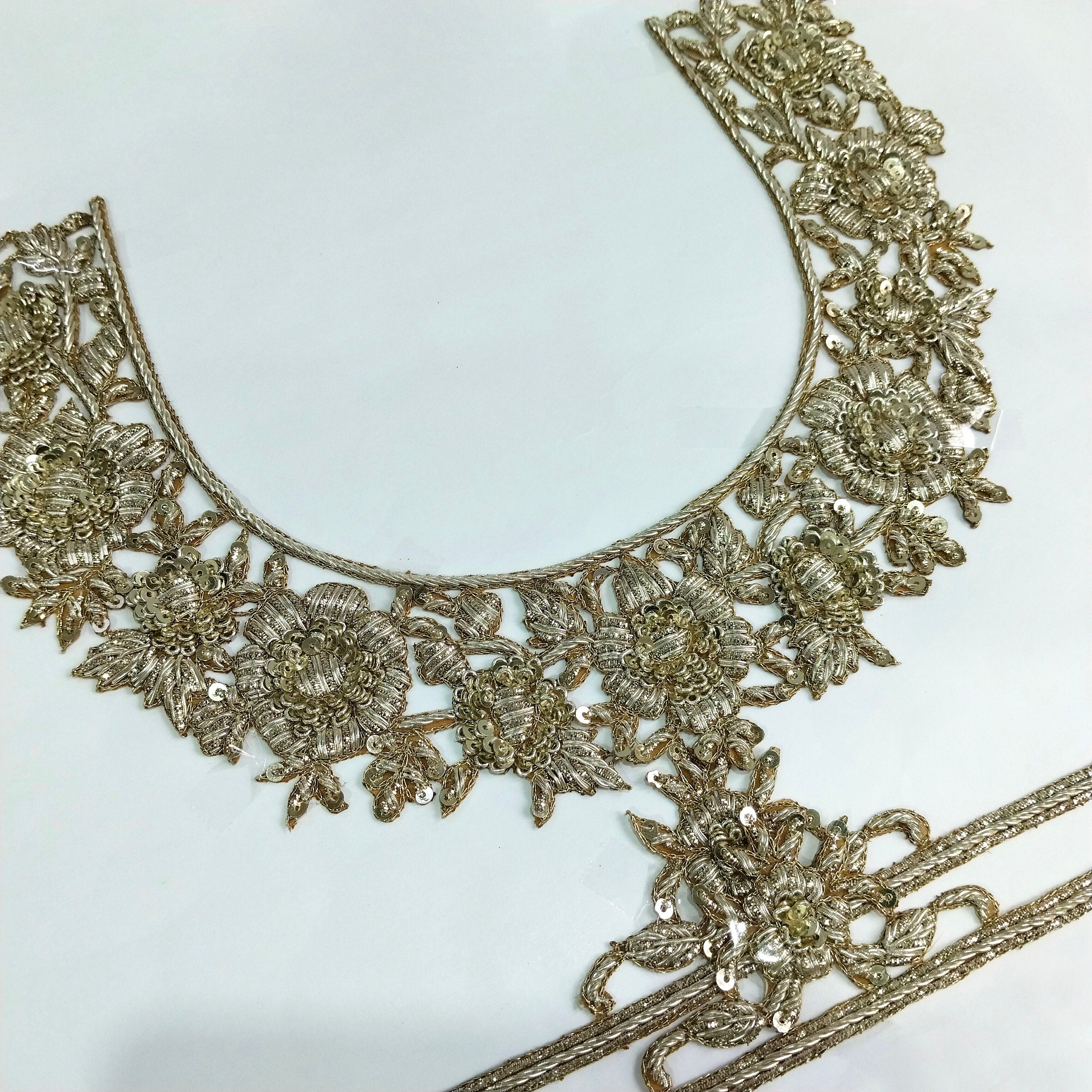 Golden Embroidered Neckline Applique: Handcrafted Indian Brass Floral Patch