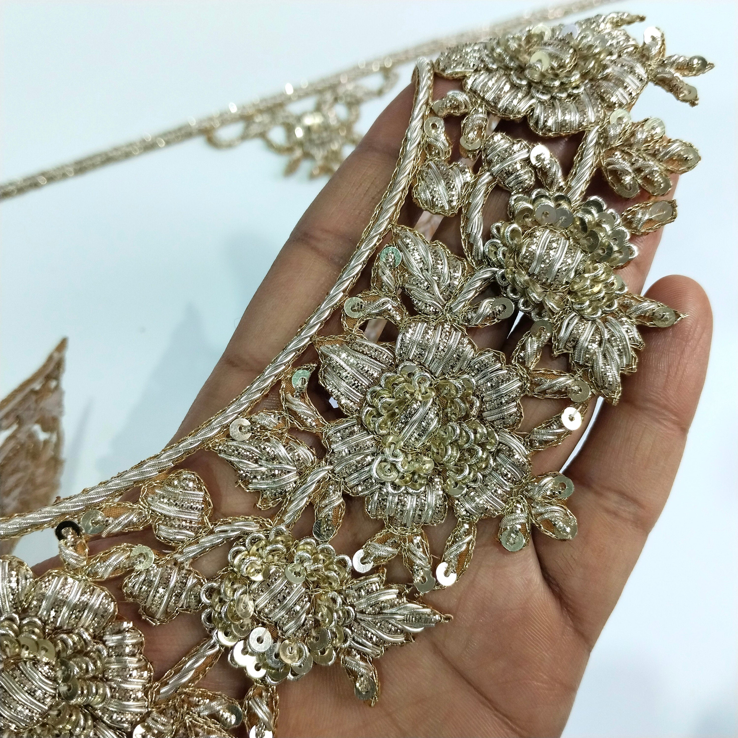 Golden Embroidered Neckline Applique: Handcrafted Indian Brass Floral Patch