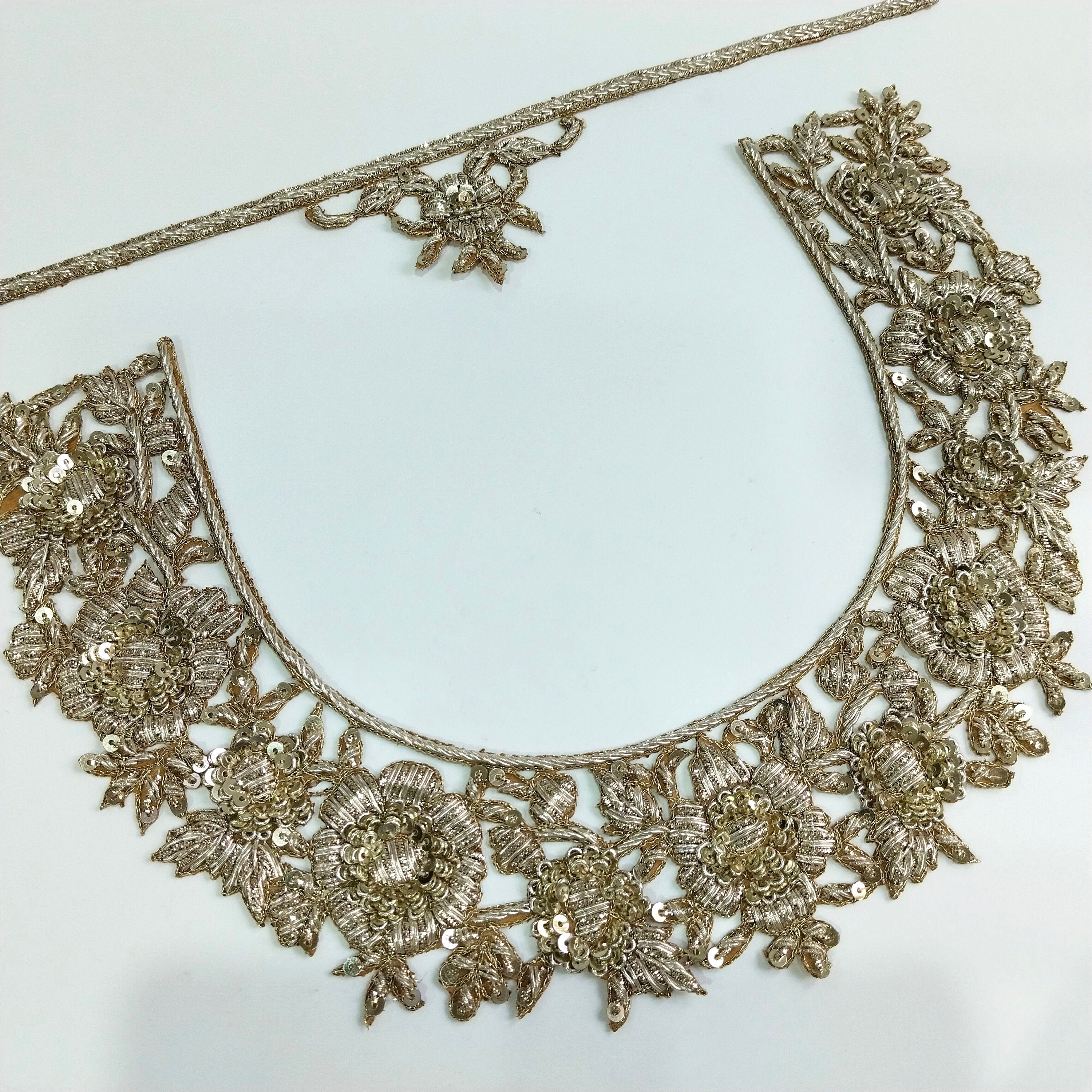 Golden Embroidered Neckline Applique: Handcrafted Indian Brass Floral Patch