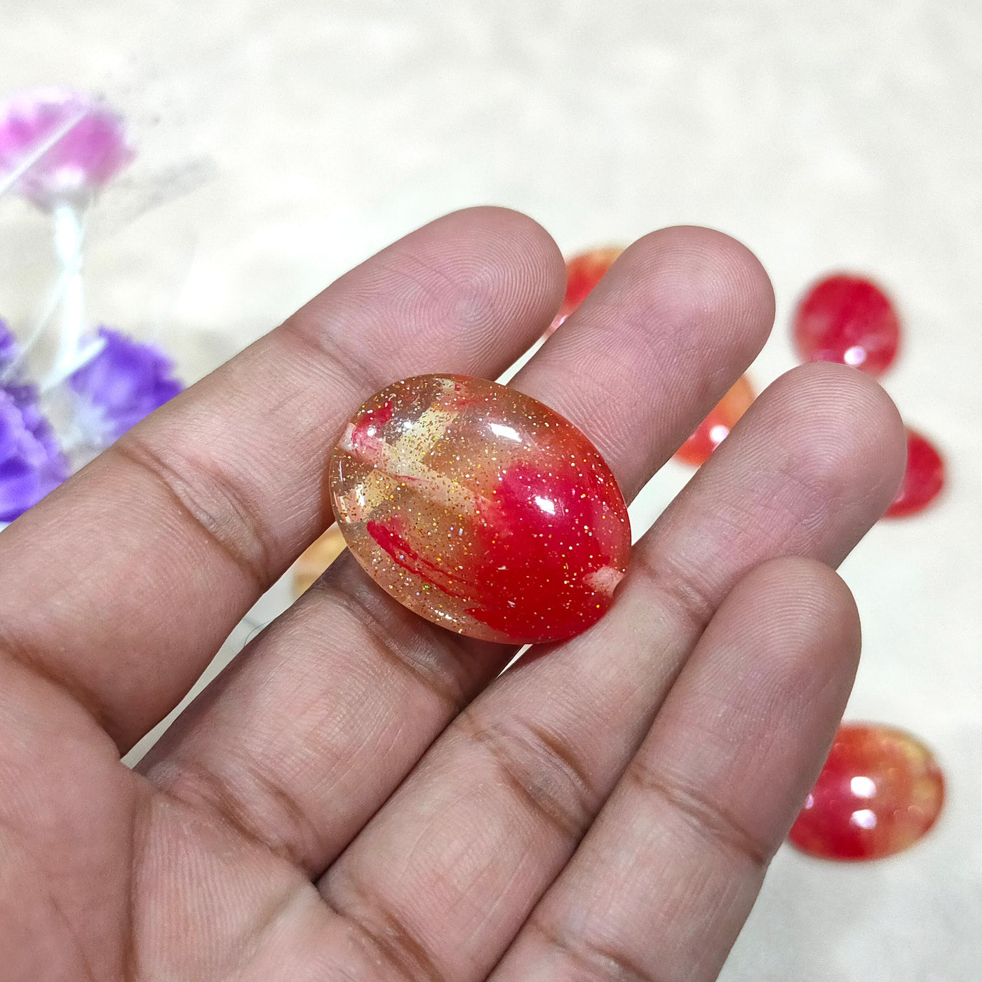 Sparkle Epoxy Resin Buttons: Red, Orange, Green Embellishments (Pack of 5)