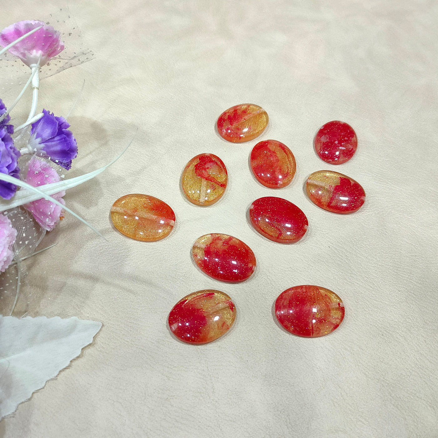 Sparkle Epoxy Resin Buttons: Red, Orange, Green Embellishments (Pack of 5)