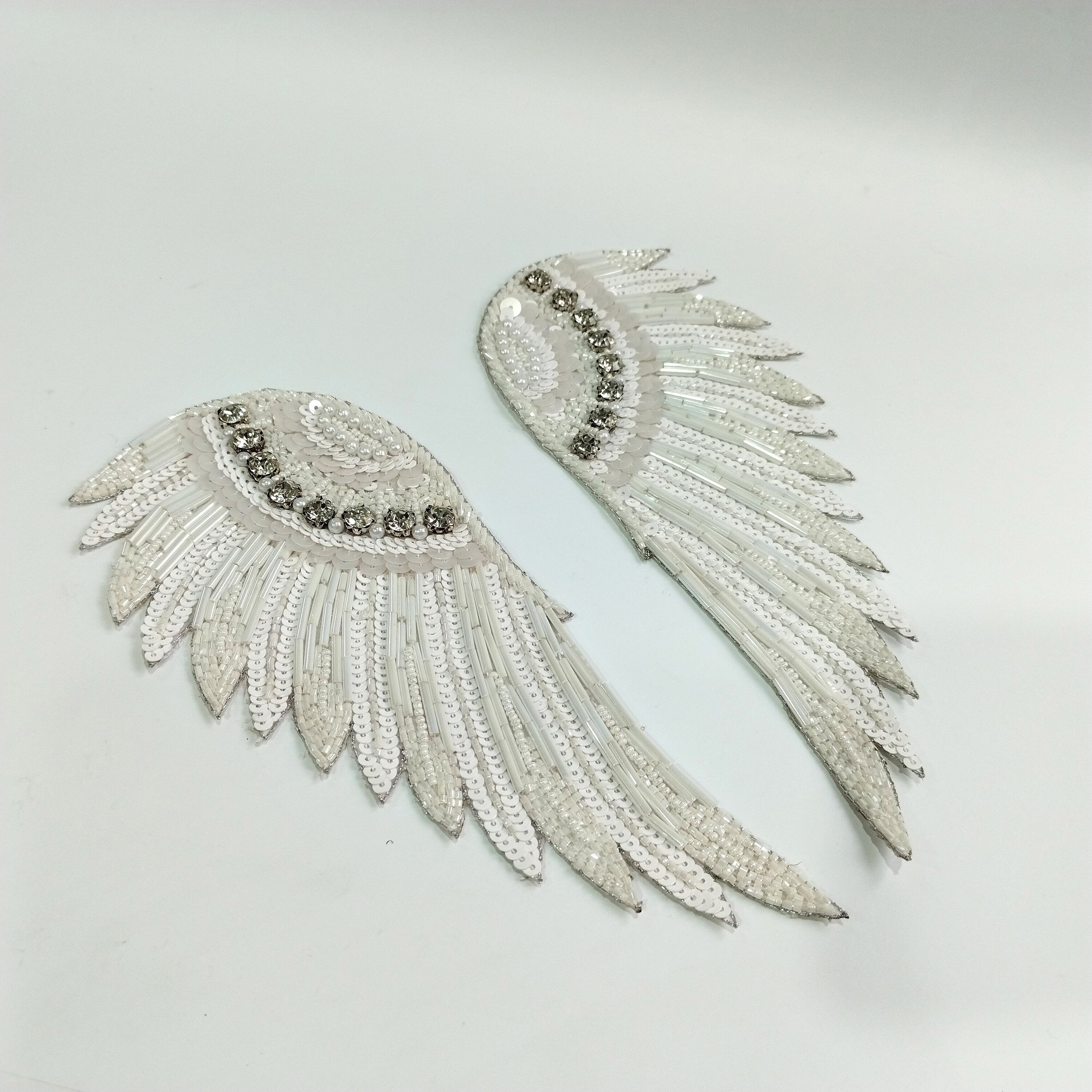 Handcrafted Sequin Wing Applique: Golden Black & Angelic White Bead Embroidery