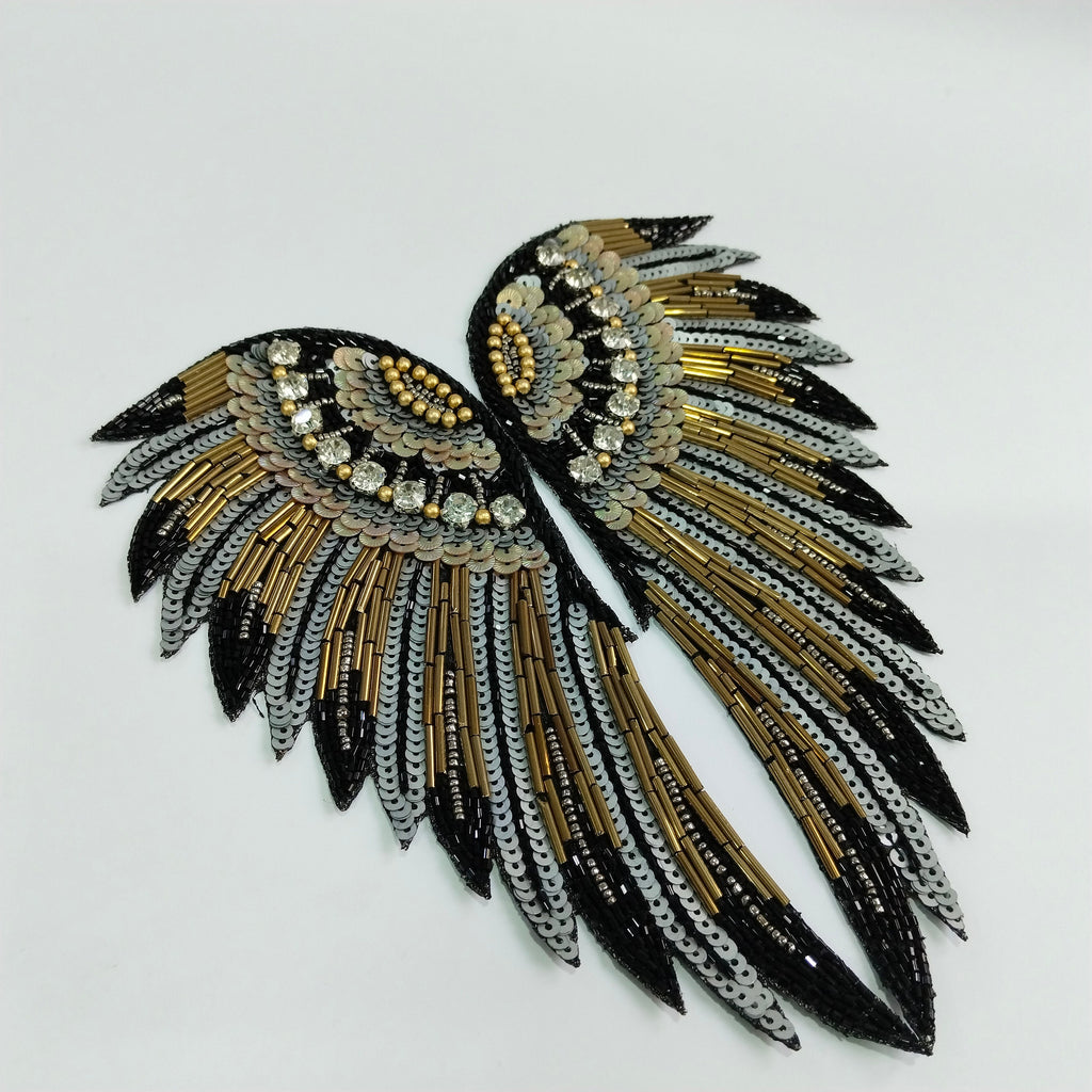 Handcrafted Sequin Wing Applique: Golden Black & Angelic White Bead Embroidery