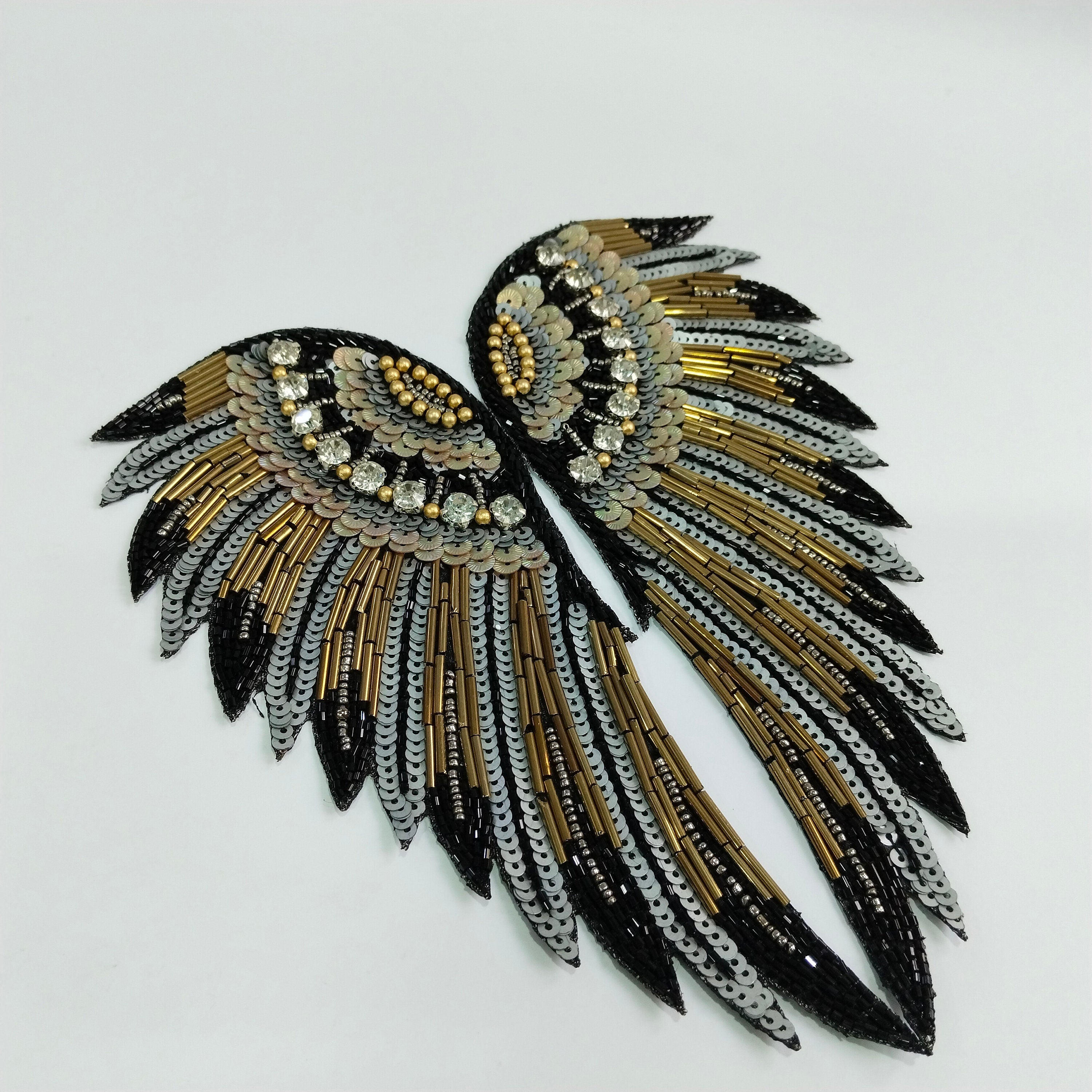 Handcrafted Sequin Wing Applique: Golden Black & Angelic White Bead Embroidery