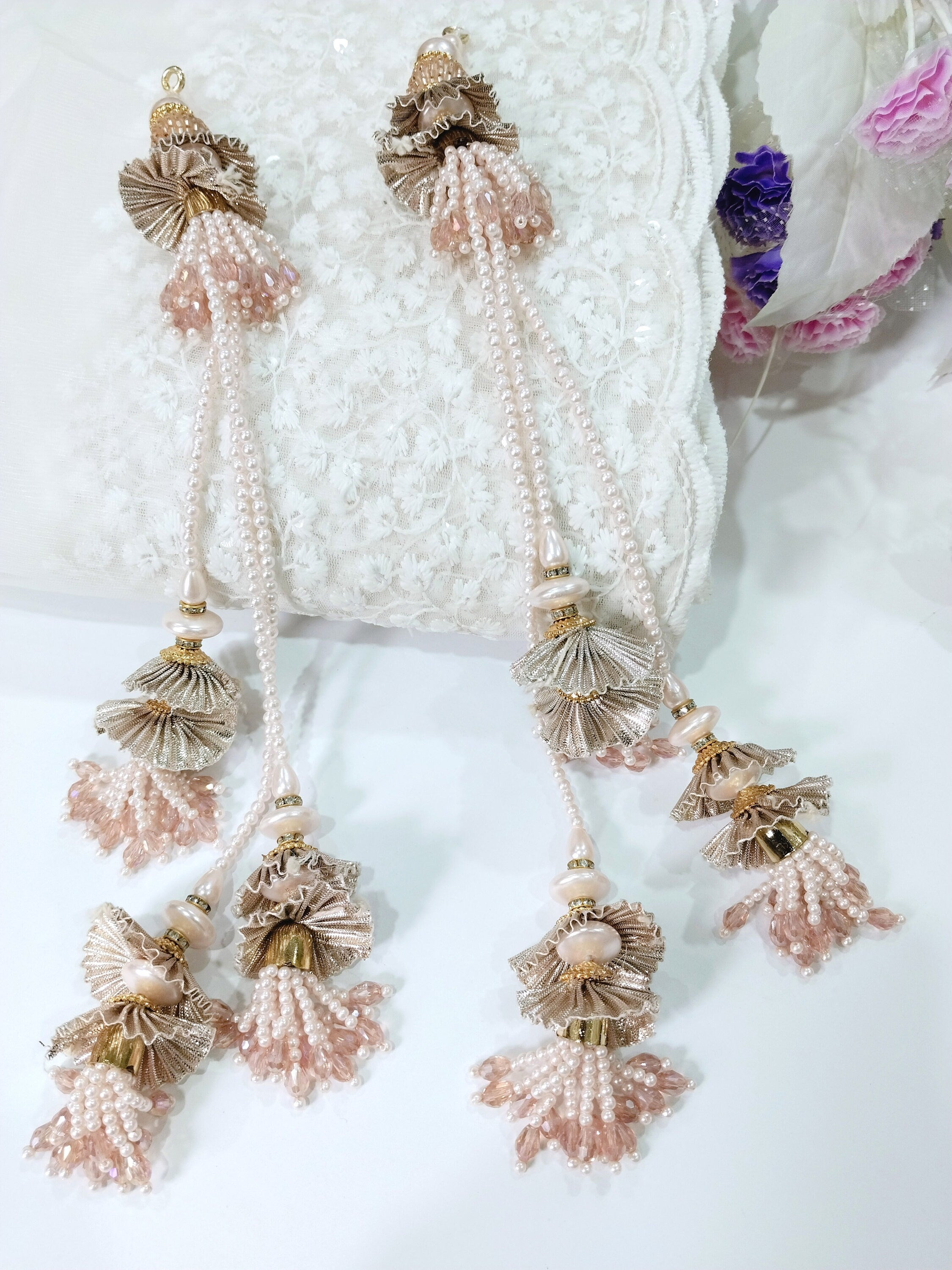 Rose Gold Pearl Latkan Tassels: Indian Bridal Blouse Accessory - 1 Pair
