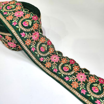 Zardozi Embroidered Indian Sari Trim: Floral Sequin Lace