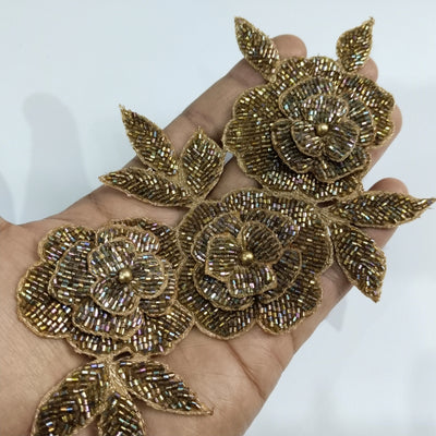 Dark Golden Applique Sew on Embroidered Floral Patch - 1 Pc