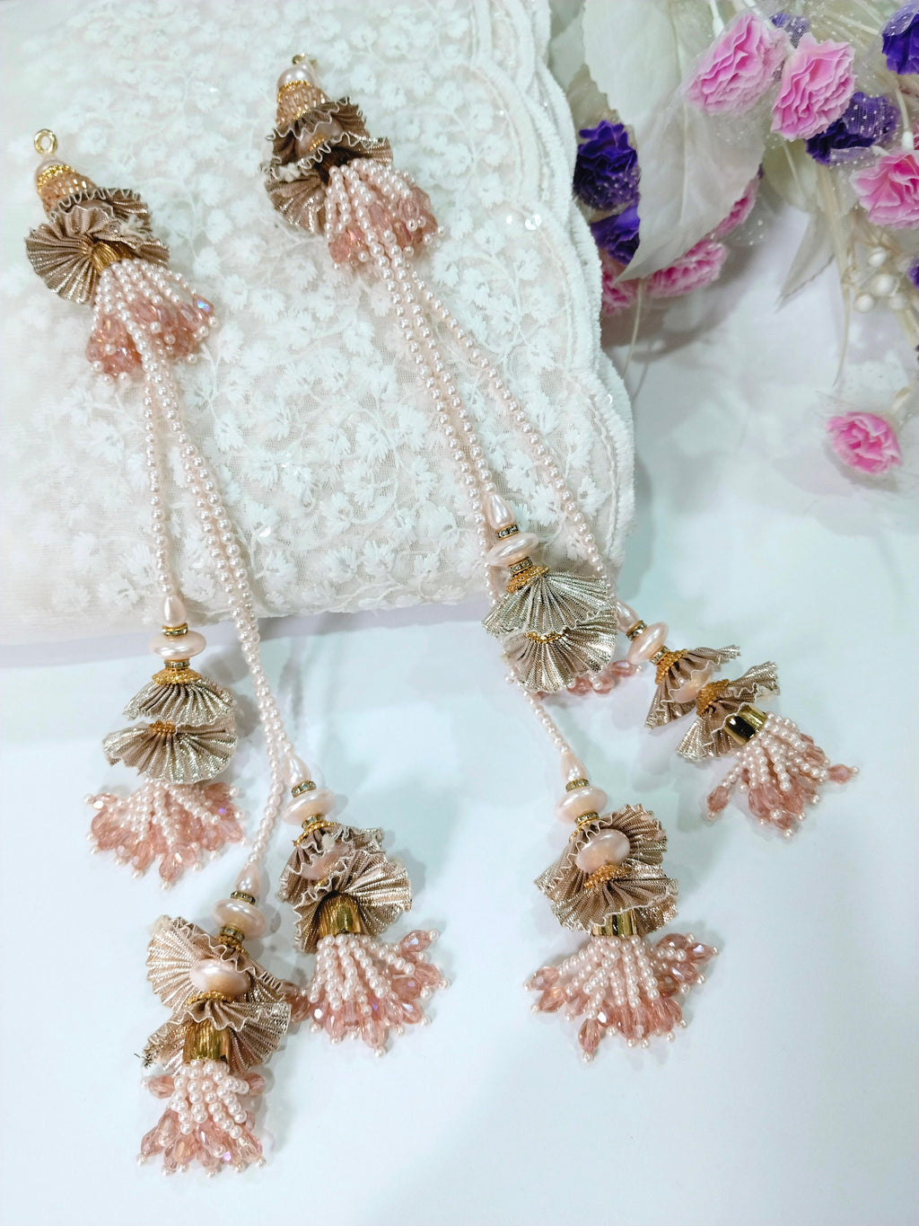 Rose Gold Pearl Latkan Tassels: Indian Bridal Blouse Accessory - 1 Pair
