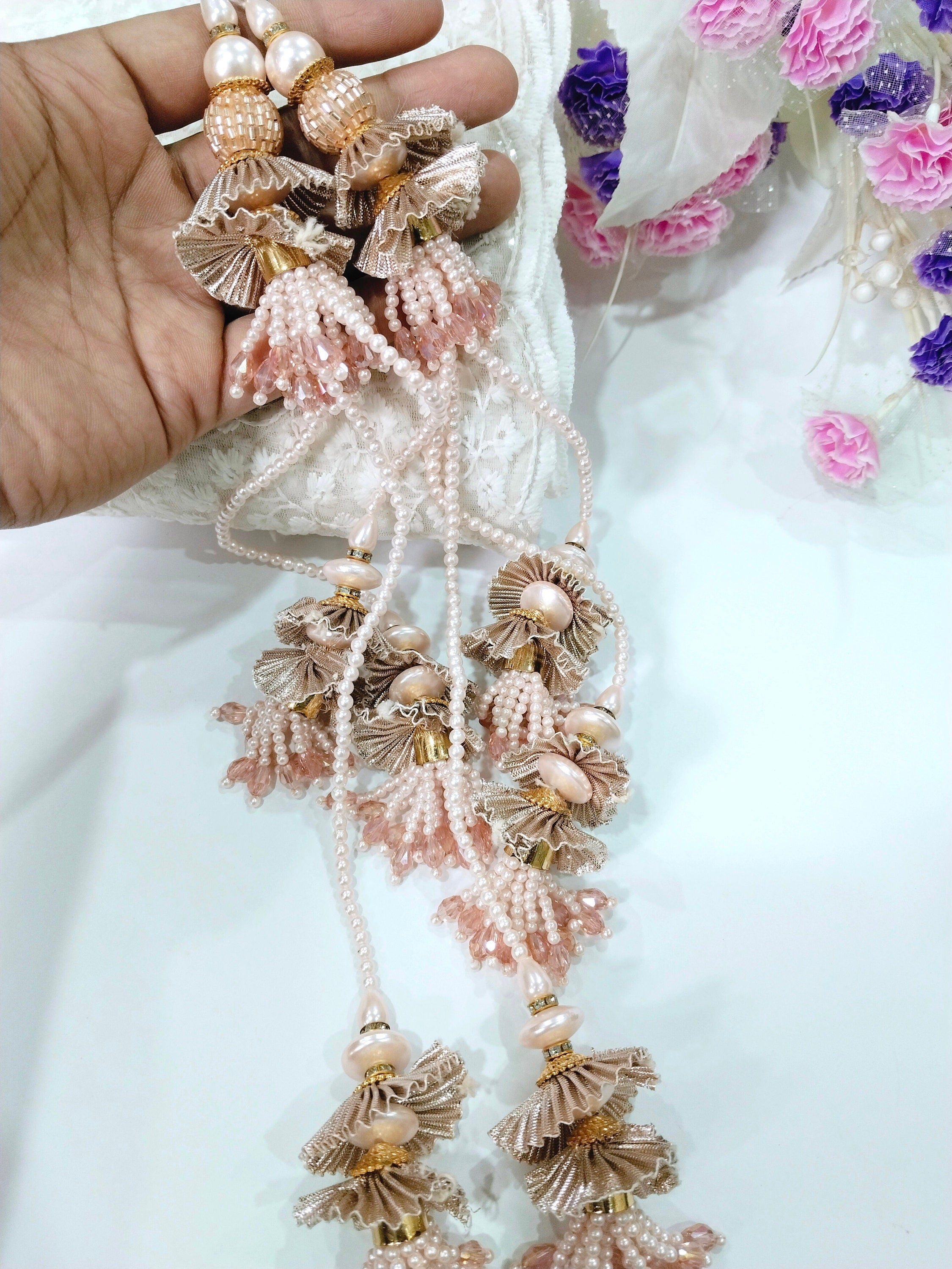 Rose Gold Pearl Latkan Tassels: Indian Bridal Blouse Accessory - 1 Pair