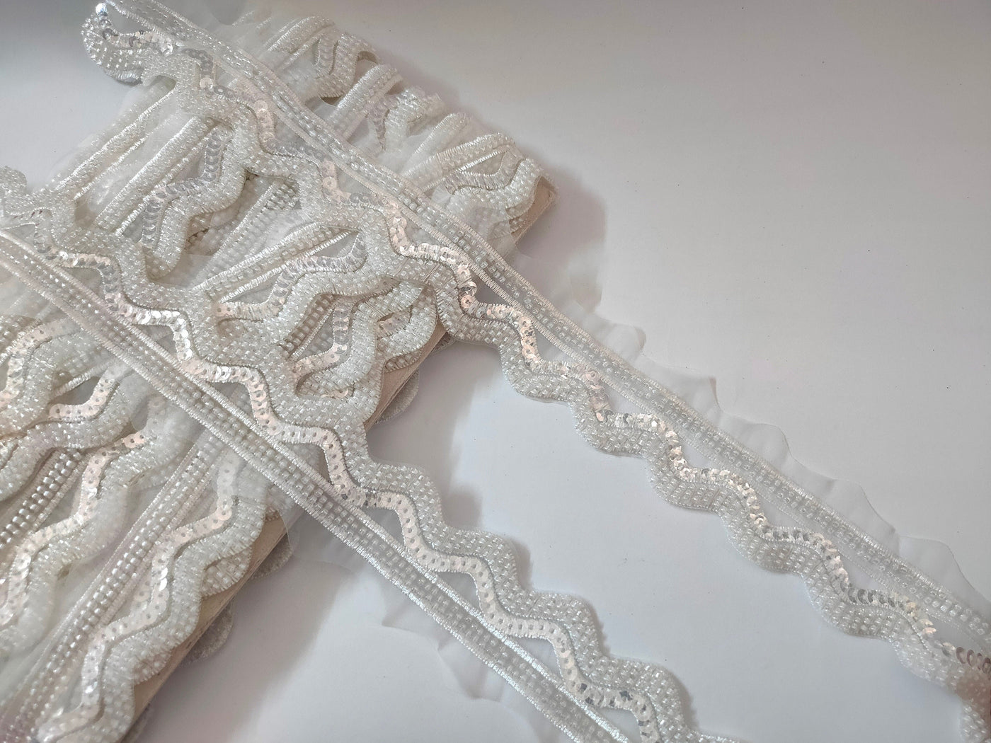 White Organza Scalloped Lace Trim: Sequin & Bead Embroidered Border (4cm)