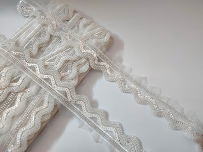 White Organza Scalloped Lace Trim: Sequin & Bead Embroidered Border (4cm)