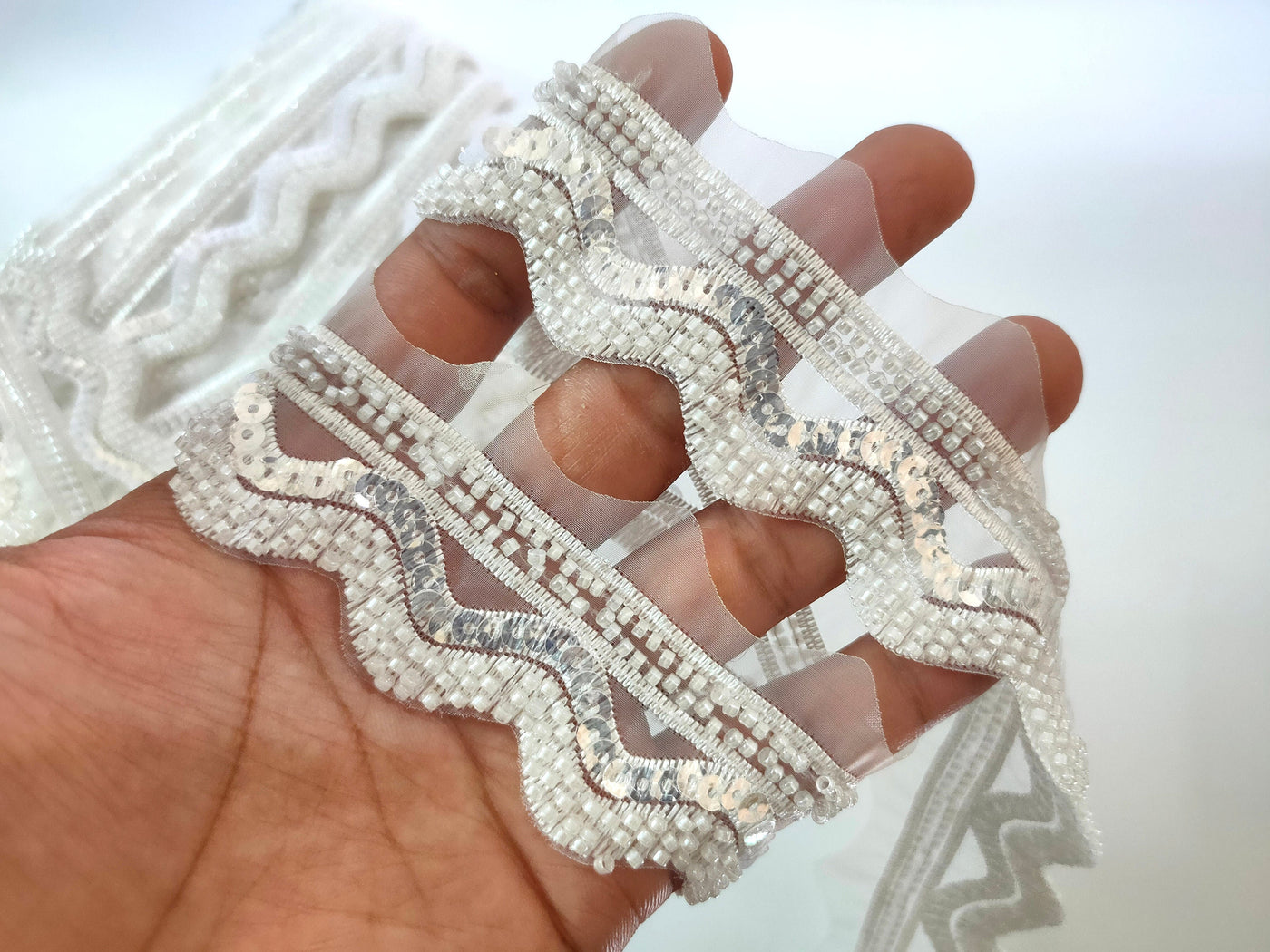 White Organza Scalloped Lace Trim: Sequin & Bead Embroidered Border (4cm)