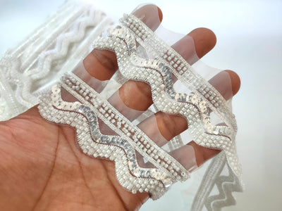 White Organza Scalloped Lace Trim: Sequin & Bead Embroidered Border (4cm)