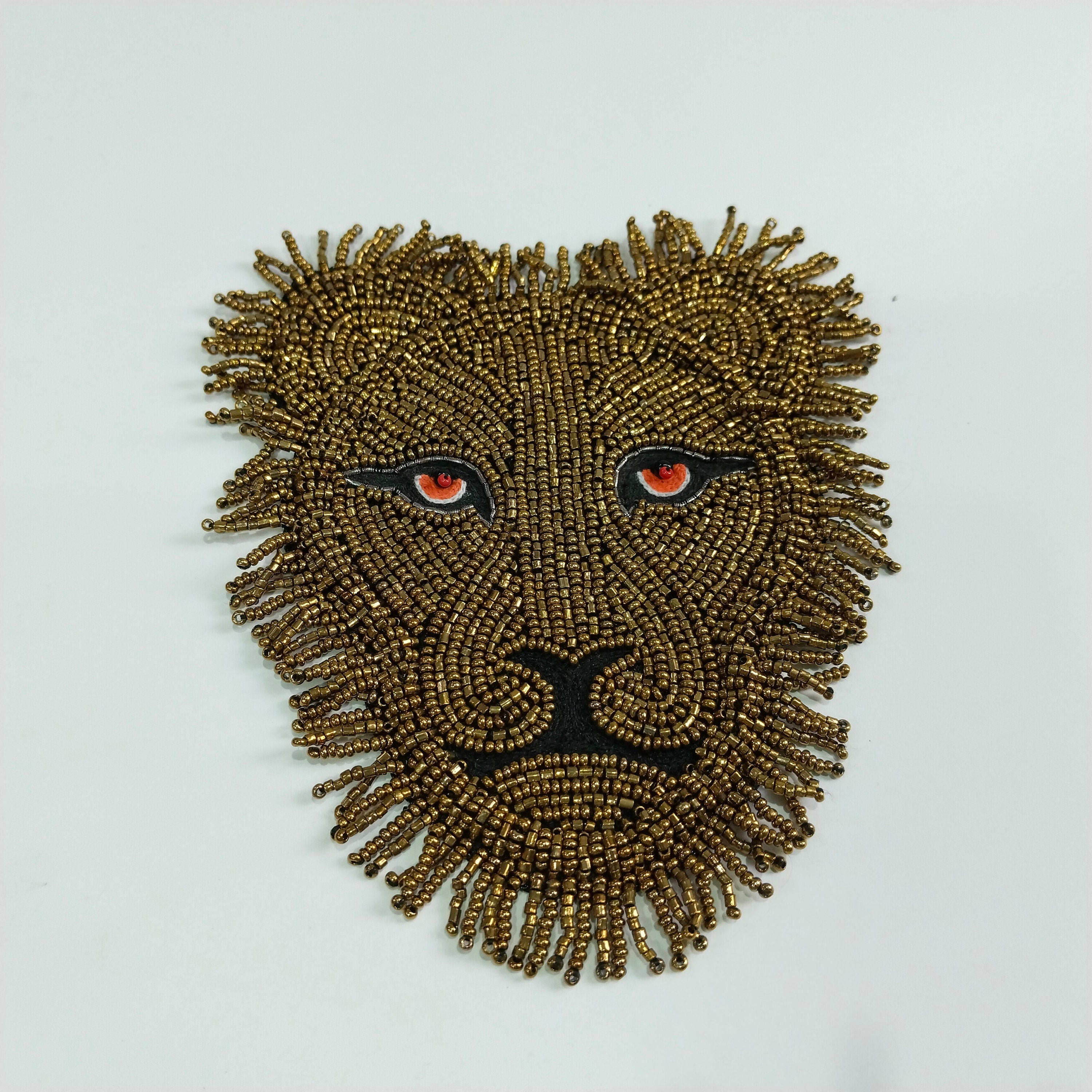 Handmade Lion Applique Patch: Gold Beaded Indian Embroidery