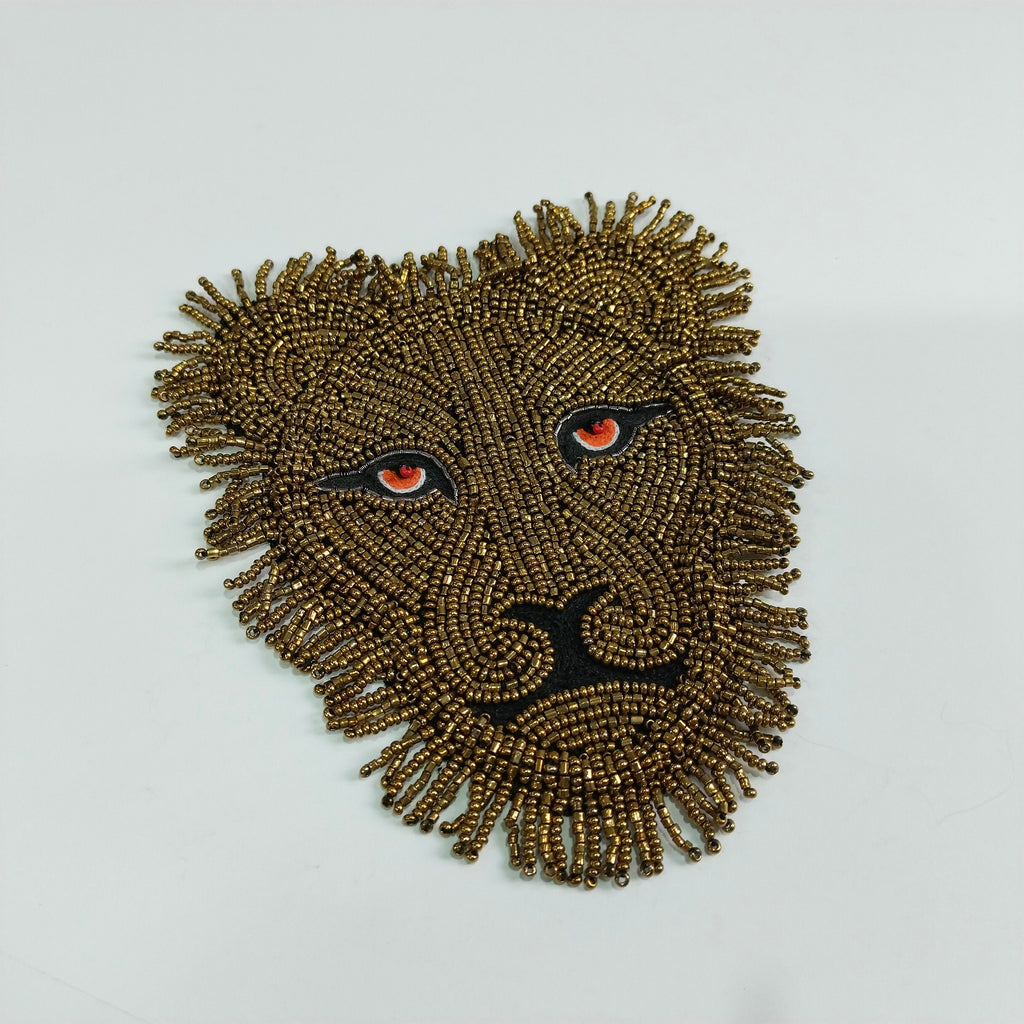 Handmade Lion Applique Patch: Gold Beaded Indian Embroidery