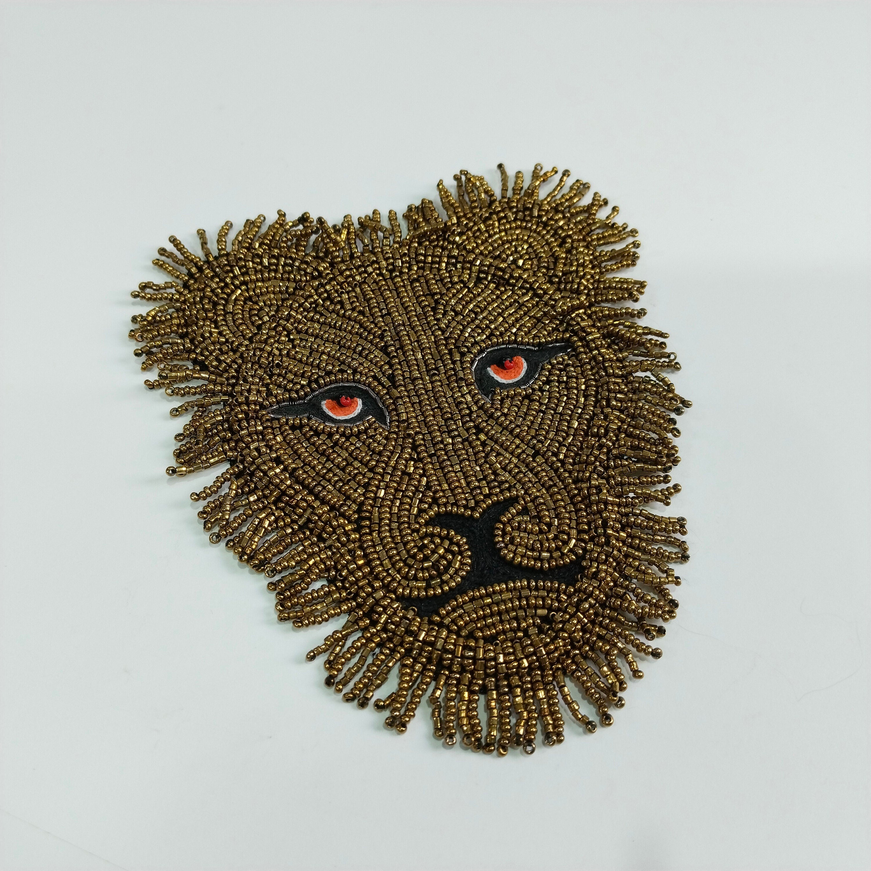Handmade Lion Applique Patch: Gold Beaded Indian Embroidery