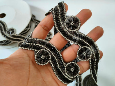 4 Yards - Black Beaded Trim: Gothic Metallic Lace