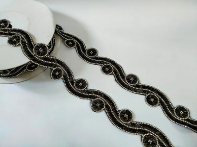 4 Yards - Black Beaded Trim: Gothic Metallic Lace