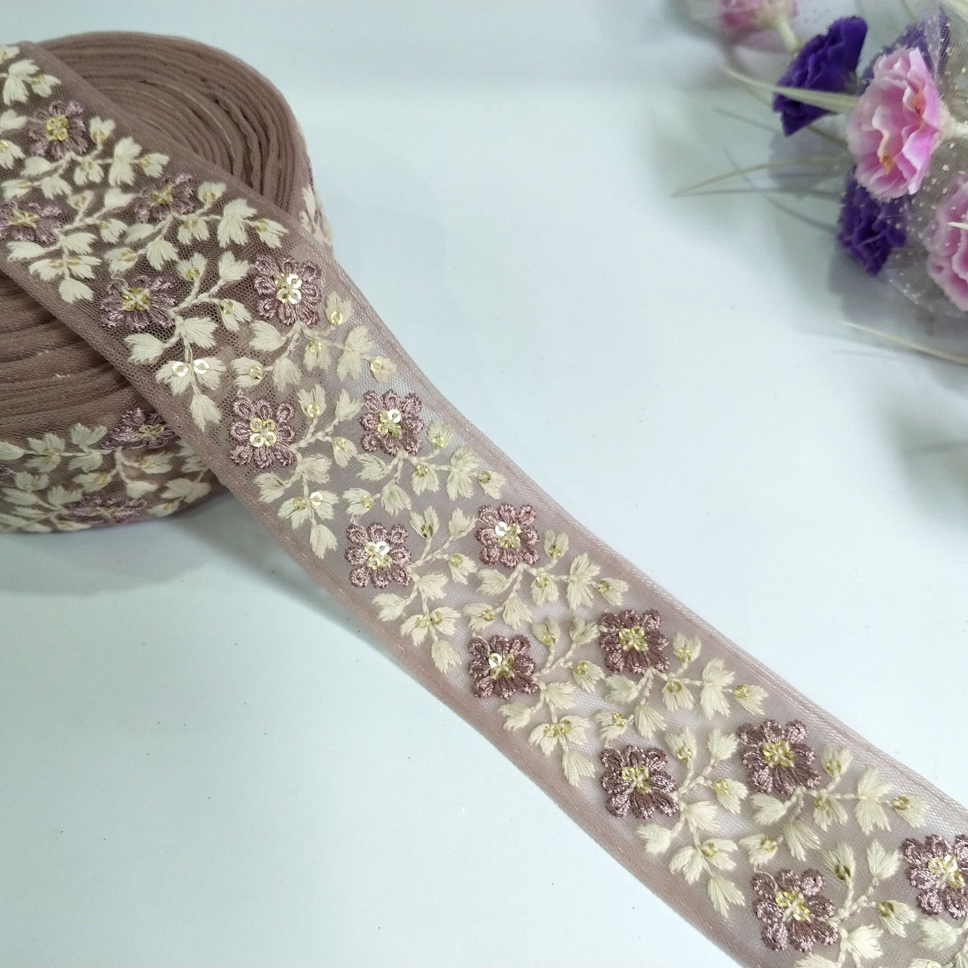 3 Yards - Embroidered Floral Net Trim: Purple Leaf Threadwork