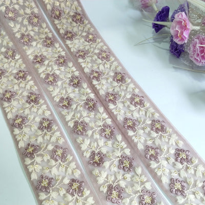 3 Yards - Embroidered Floral Net Trim: Purple Leaf Threadwork