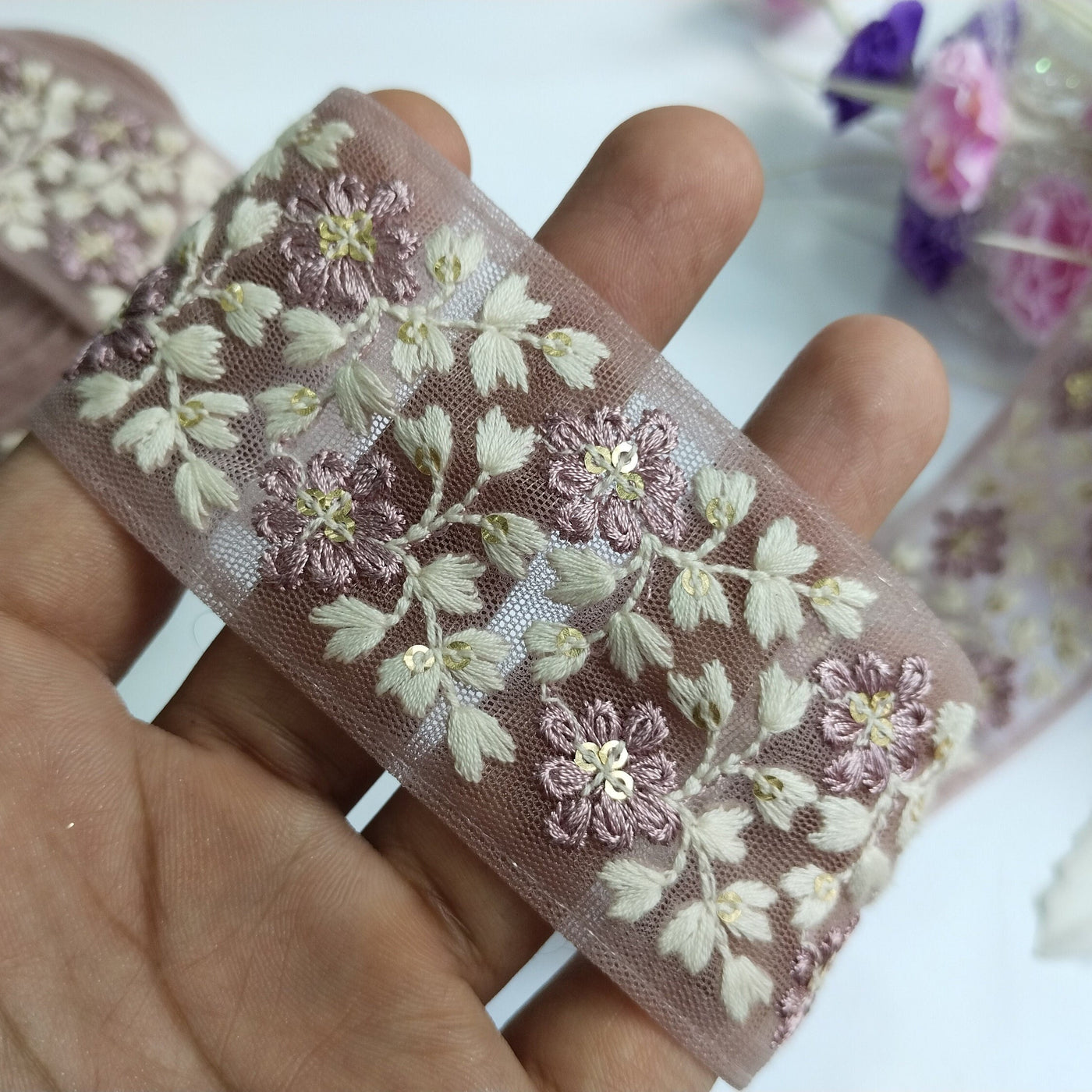 3 Yards - Embroidered Floral Net Trim: Purple Leaf Threadwork