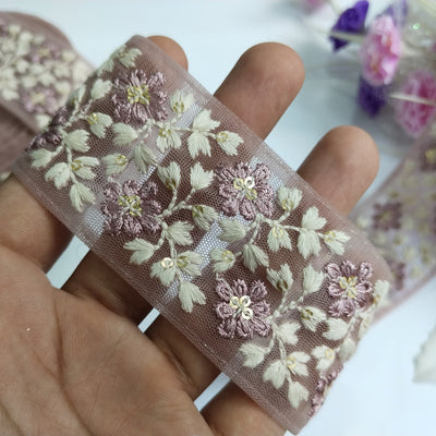 3 Yards - Embroidered Floral Net Trim: Purple Leaf Threadwork