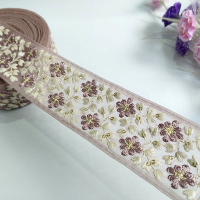 3 Yards - Embroidered Floral Net Trim: Purple Leaf Threadwork