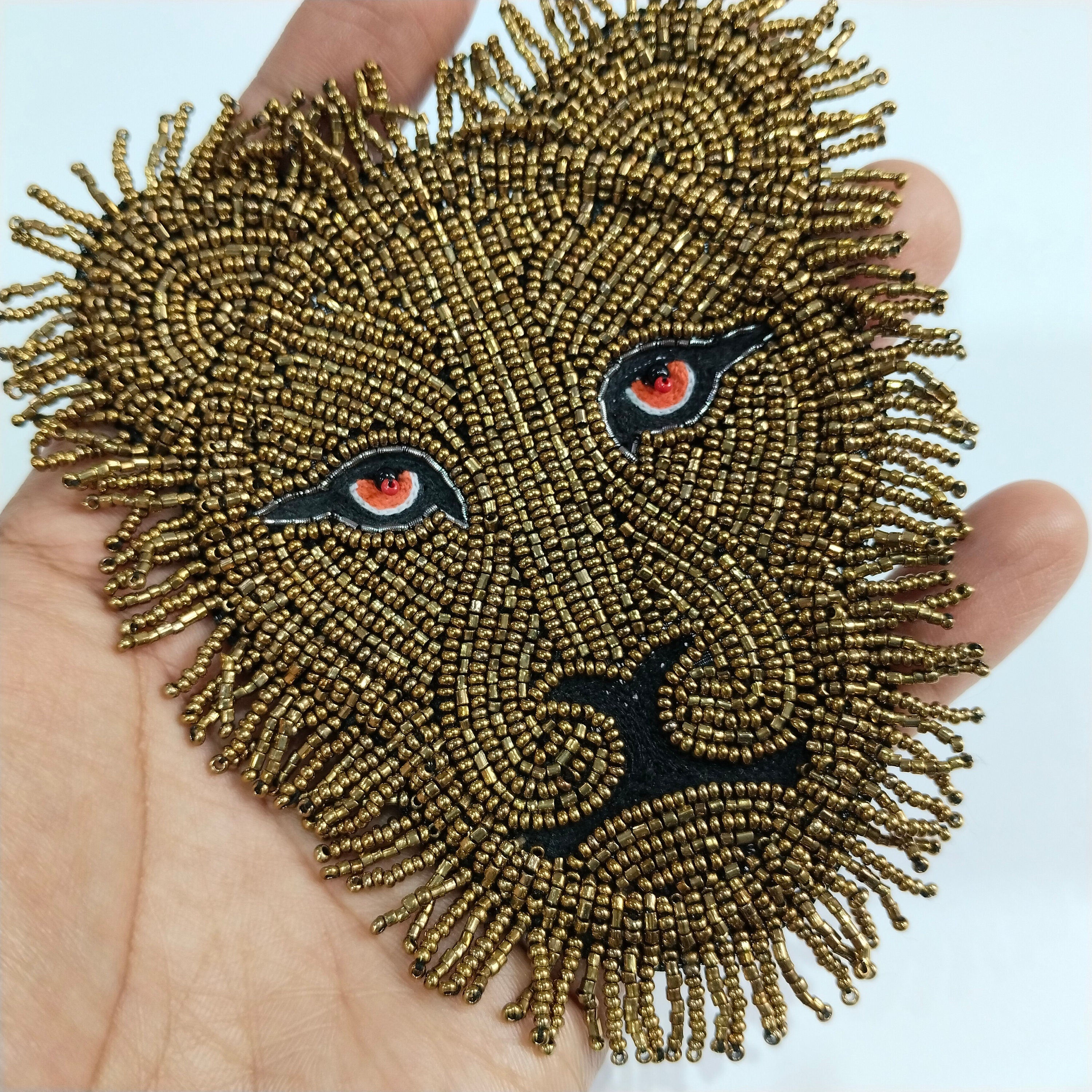 Handmade Lion Applique Patch: Gold Beaded Indian Embroidery