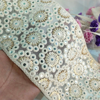 Broad Creme White Thread Net Fabric Lace 15cm Wide - 1 Yard