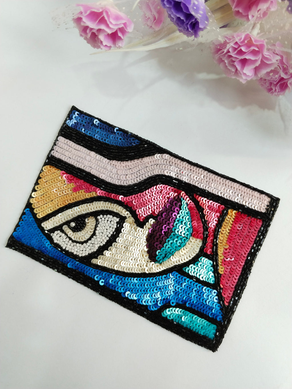 Sequin Embroidered Patch: Colorful Abstract Applique (14x9 cm)