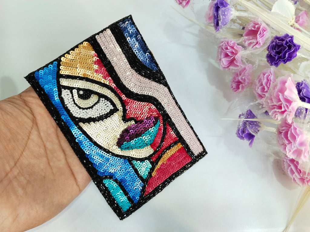 Sequin Embroidered Patch: Colorful Abstract Applique (14x9 cm)