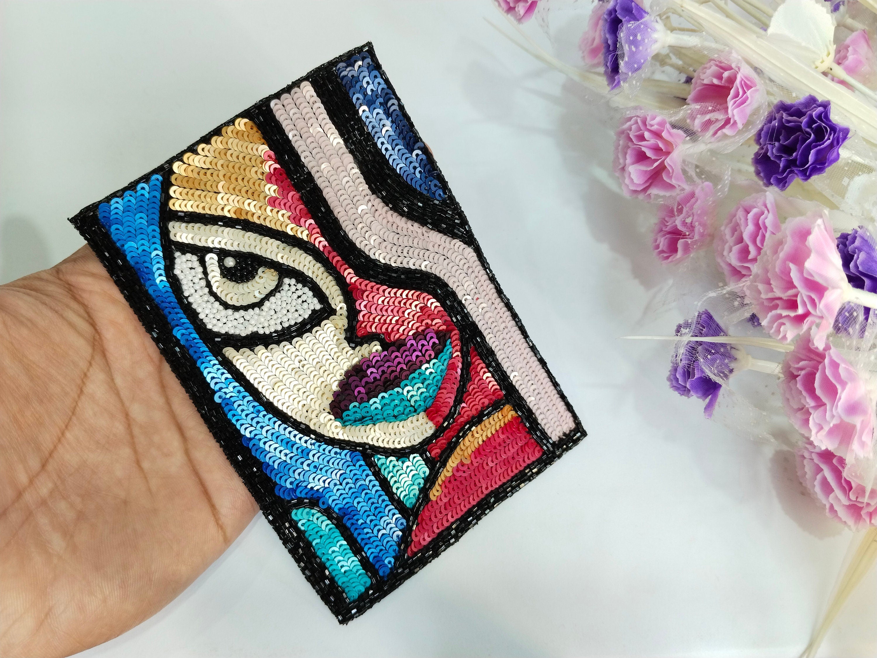 Sequin Embroidered Patch: Colorful Abstract Applique (14x9 cm)