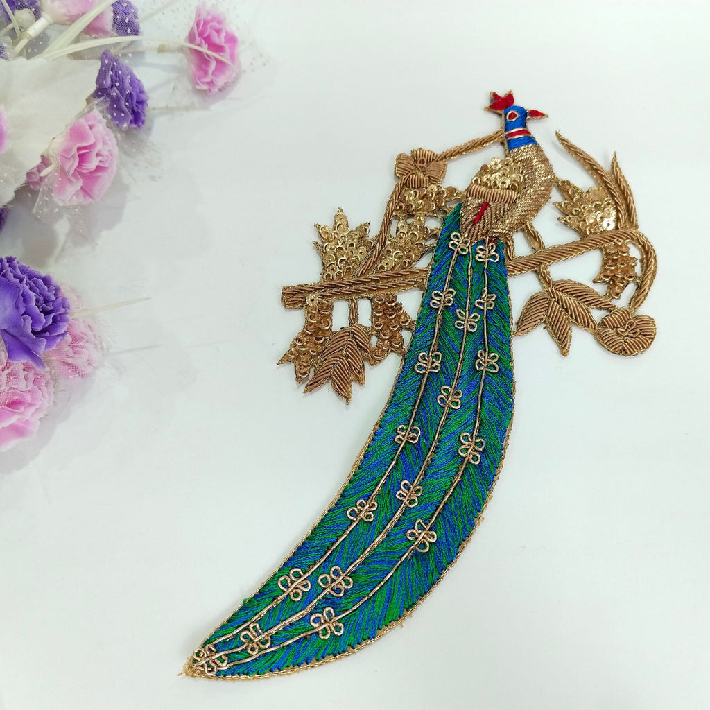 Peacock Zardozi Sequin Applique Patch: Indian Embroidered Garment Accessory