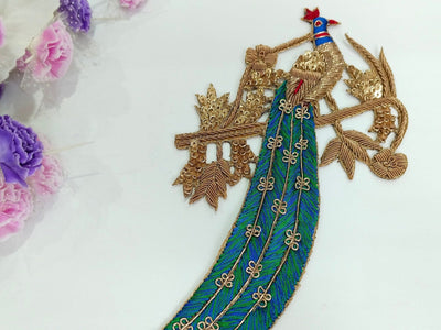 Pretty Peacock Zardozi Sequin Applique Sew On Patch 23cm Long