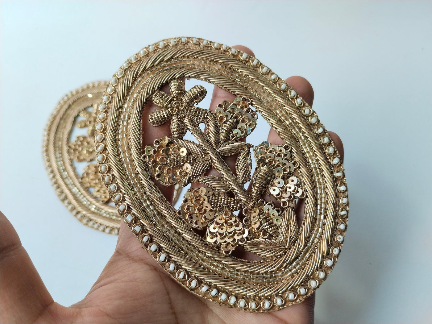 1 Pair - Oval Antique Gold Indian Zardozi Applique Sew On Patch