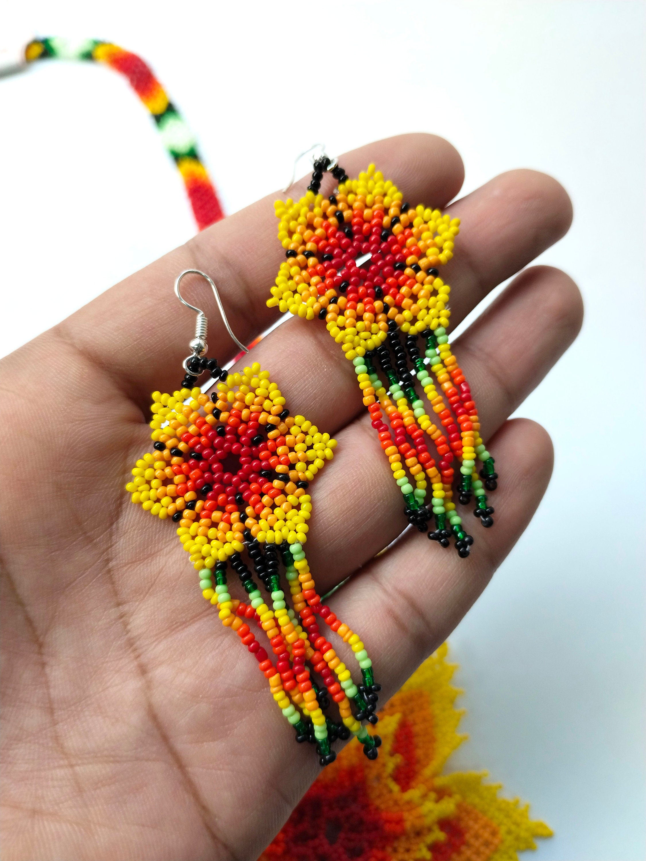 Floral Beaded Necklace with Fringed Earrings: Boho Wedding Set