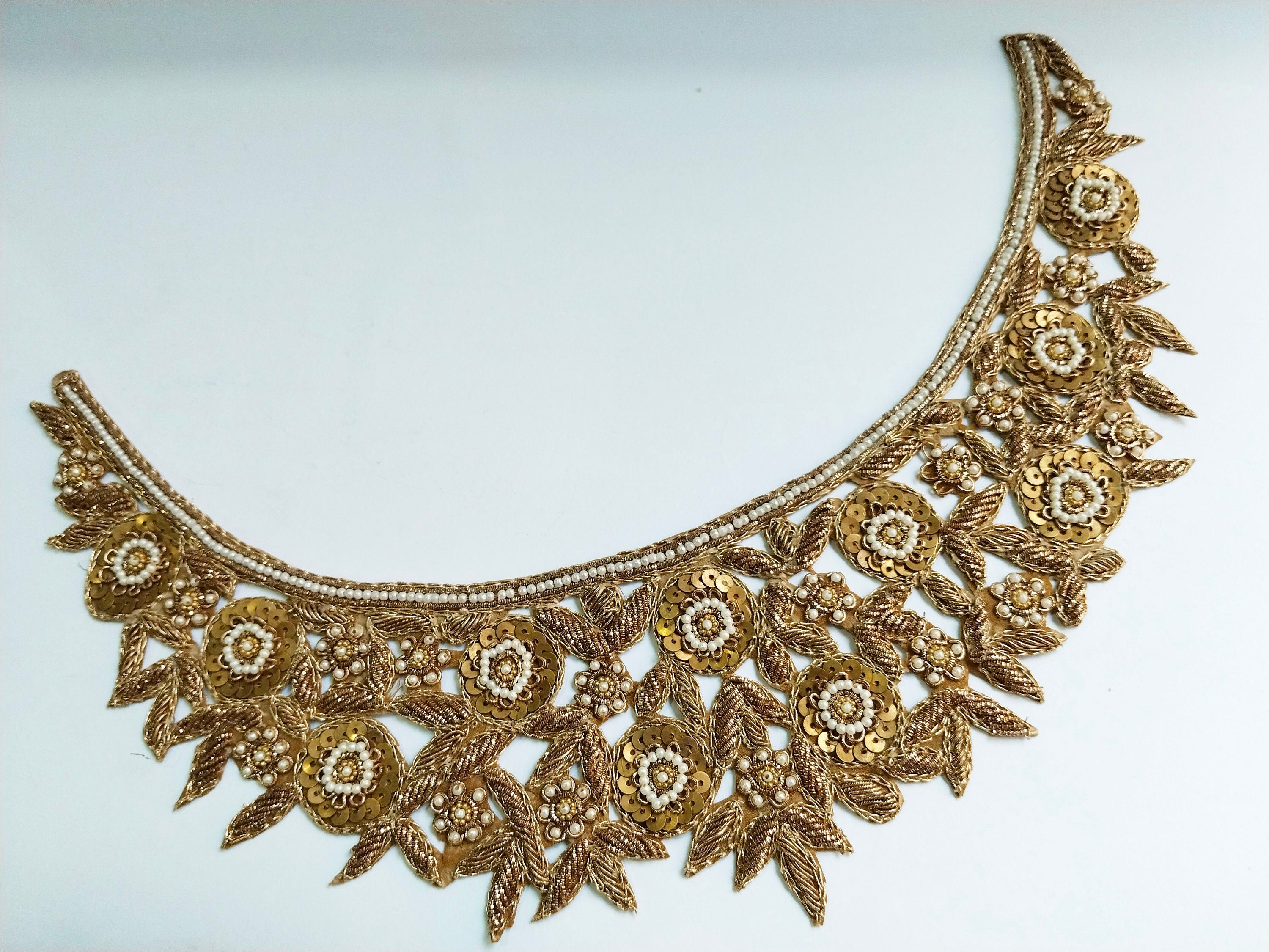 Embroidered Neckline Patch: Handcrafted Indian Sequin & Pearl Applique
