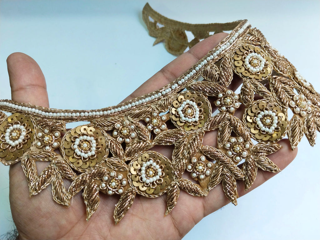 Embroidered Neckline Patch: Handcrafted Indian Sequin & Pearl Applique