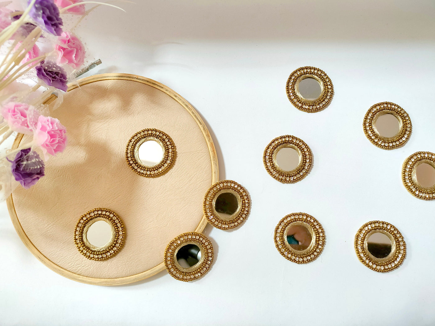 10 Pc - Crochet Mirror Beaded Applique Patches, Round Indian Decorative Zircon Patches