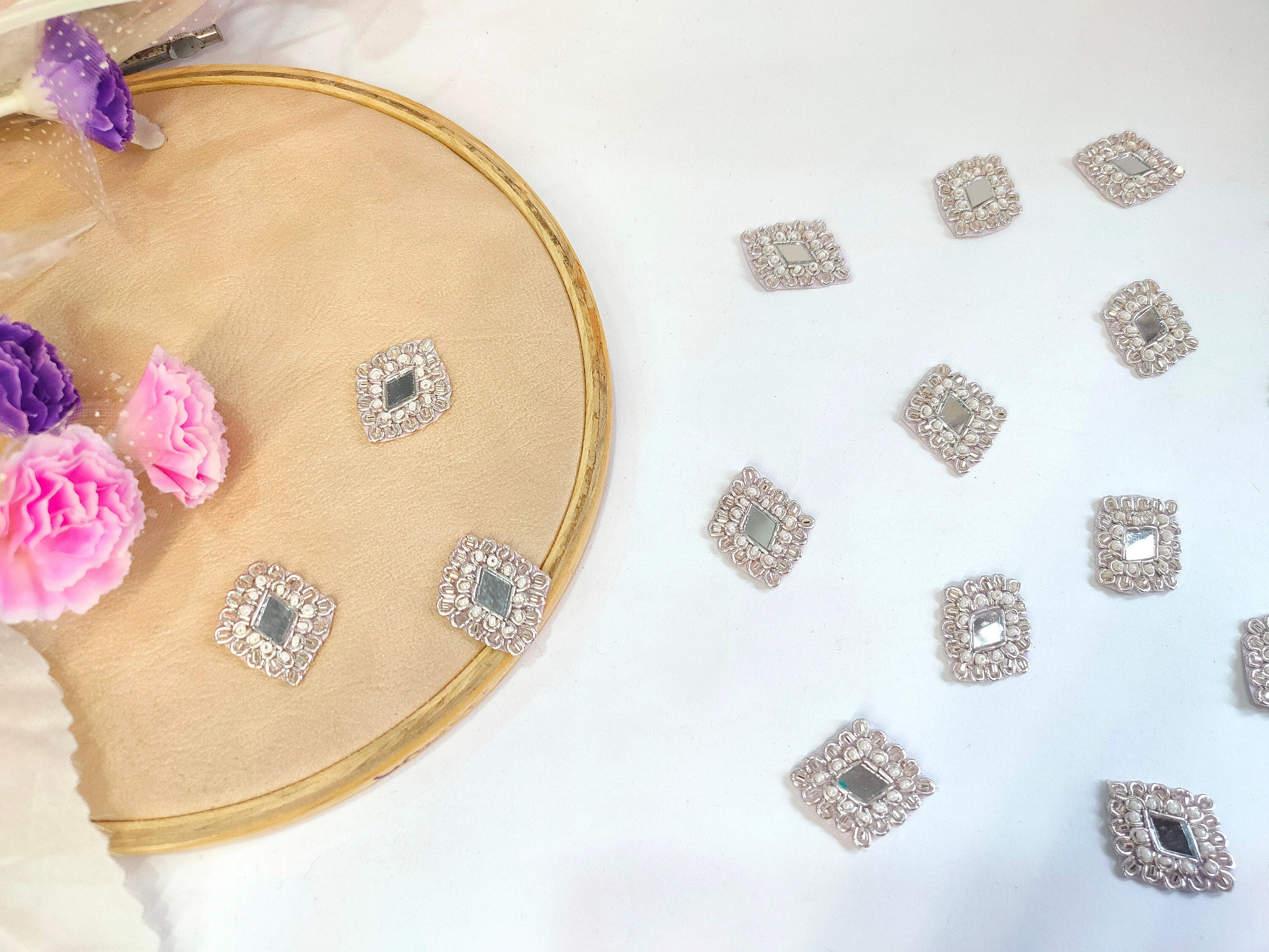 25 Silver Zardozi Mirror Applique Patches – Indian Embroidery Embellishments