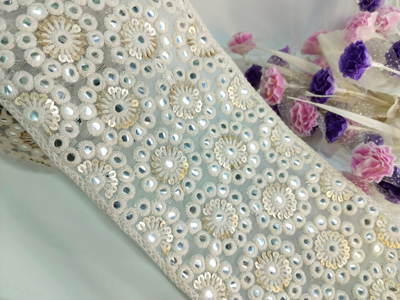 Broad Creme White Thread Net Fabric Lace 15cm Wide - 1 Yard