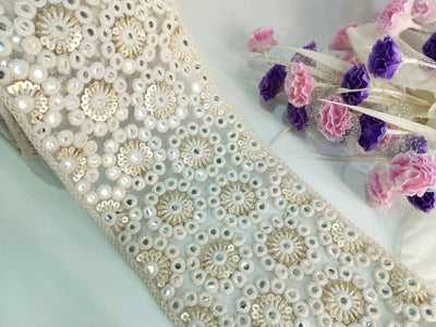 Broad Creme White Thread Net Fabric Lace 15cm Wide - 1 Yard