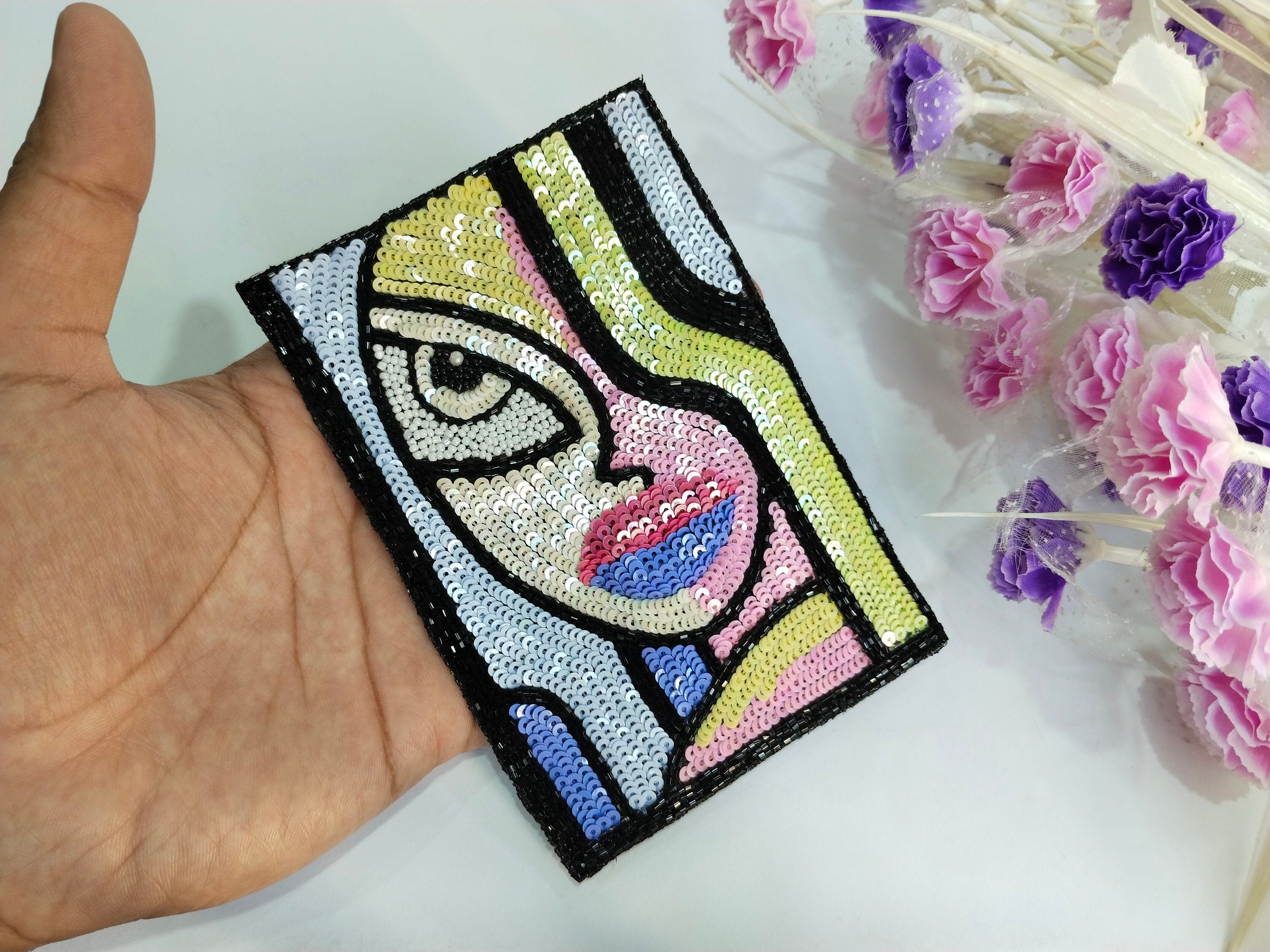 Sequin Embroidered Patch: Colorful Abstract Applique (14x9 cm)
