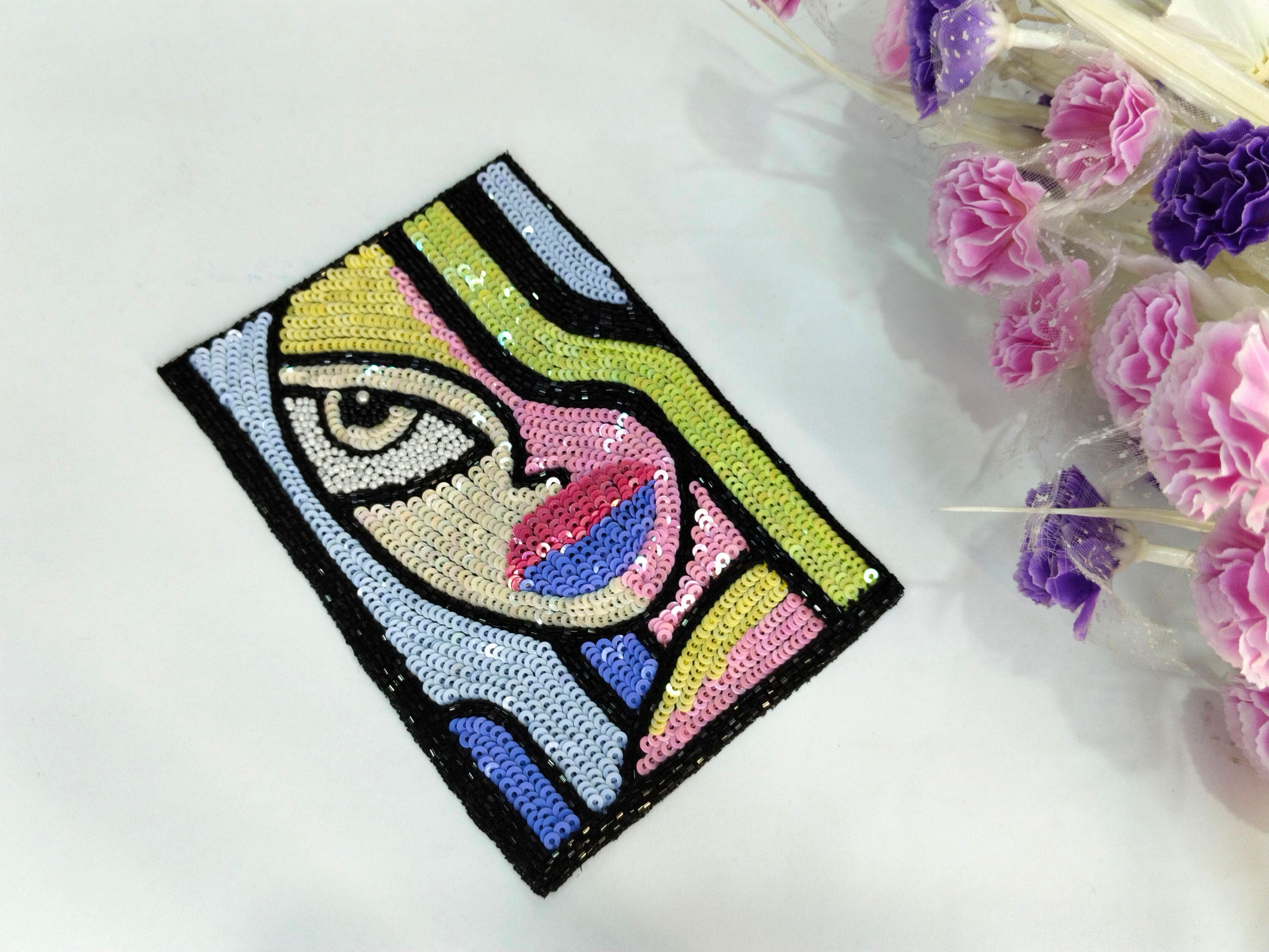 Sequin Embroidered Patch: Colorful Abstract Applique (14x9 cm)
