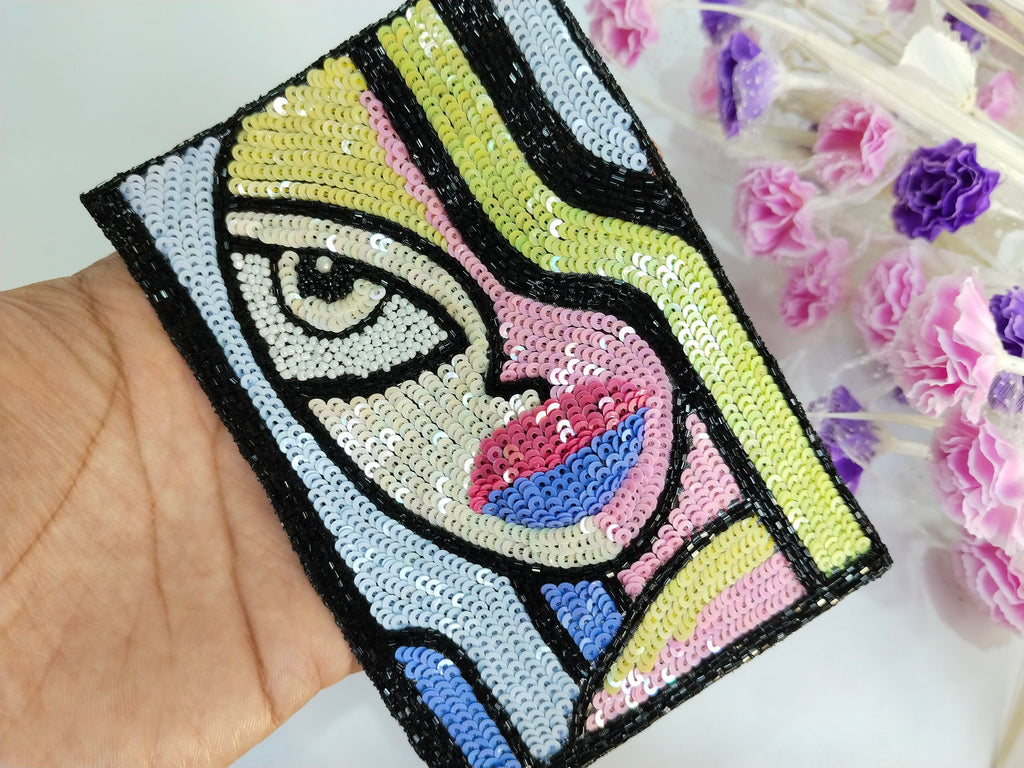Sequin Embroidered Patch: Colorful Abstract Applique (14x9 cm)