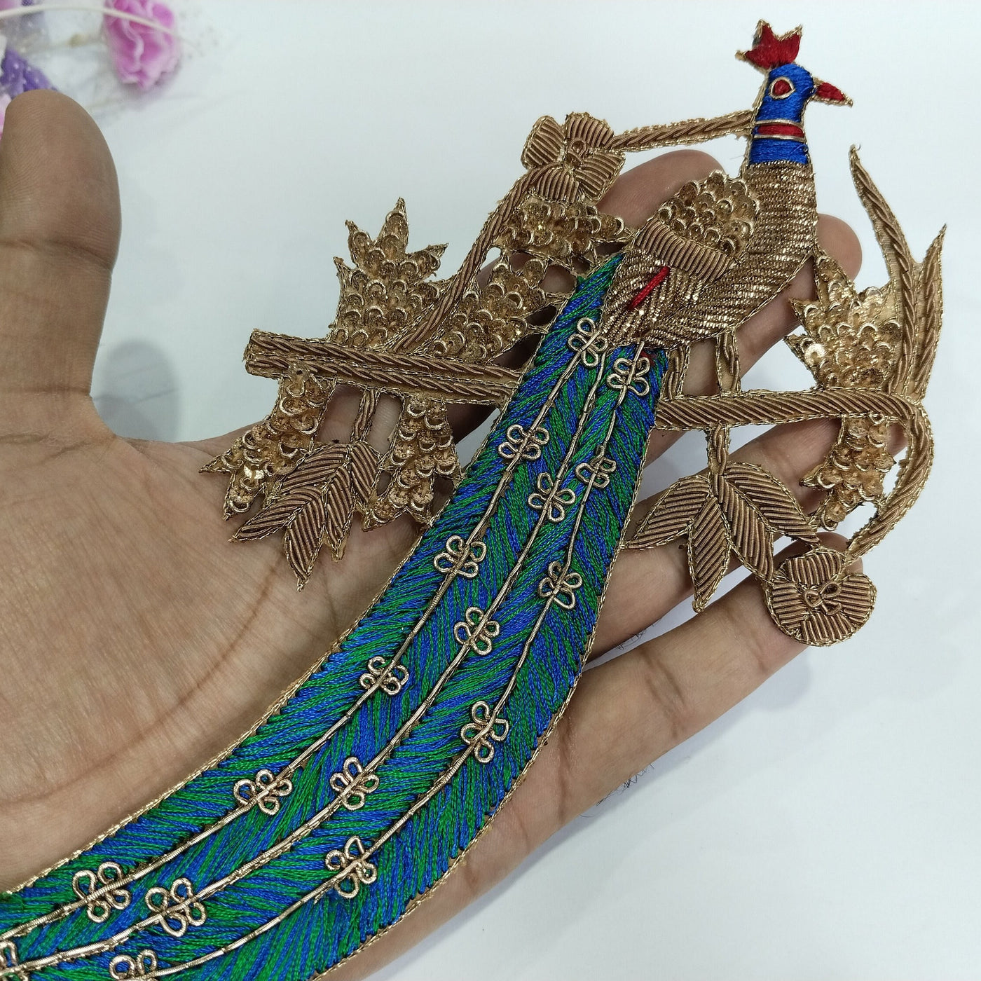 Pretty Peacock Zardozi Sequin Applique Sew On Patch 23cm Long