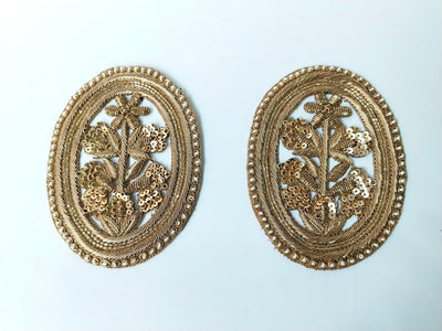 1 Pair - Oval Antique Gold Indian Zardozi Applique Sew On Patch