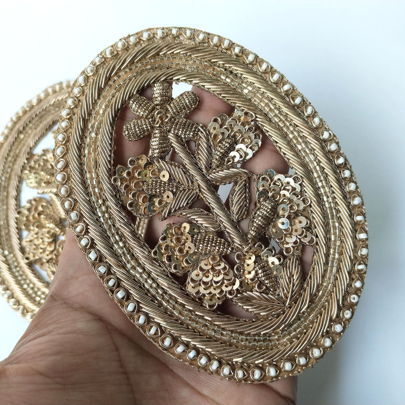 1 Pair - Oval Antique Gold Indian Zardozi Applique Sew On Patch